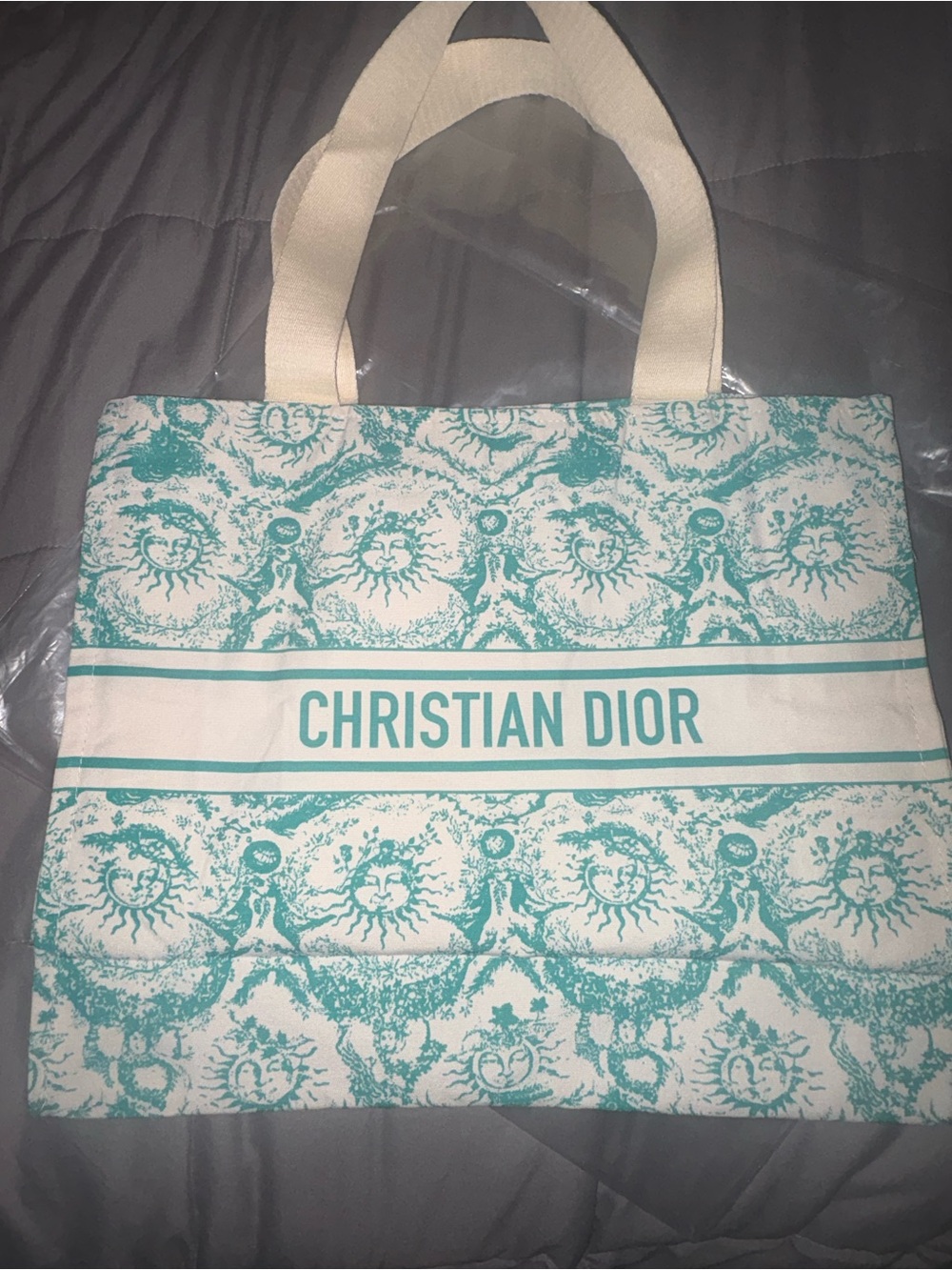 Dior Cream & Aqua Toile de Jouy Canvas Tote with Christian Dior Logo GWP
